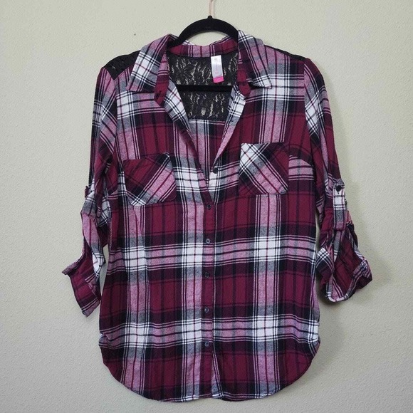 No Boundaries Tops - Nobo Women's Size L Button Up Plaid Blouse Berry With Lace Inset Roll Tab Sleeve